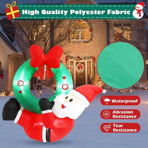 Hanging Christmas Inflatable Santa with Wreath and Lights for Door or Yard - Picture 6 of 7